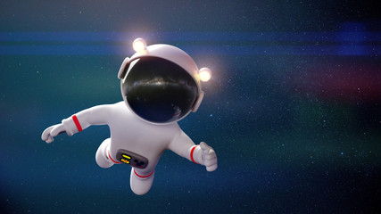 Obraz na płótnie Canvas cute white cartoon astronaut flying in zero gravity space in front of the stars (3d rendering)