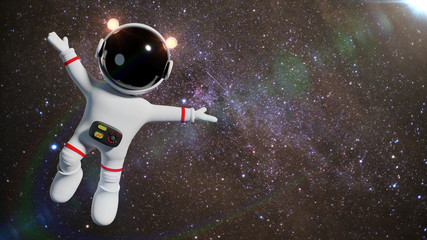 cute white cartoon astronaut character floating in space in front of the stars (3d science fiction illustration) © dottedyeti