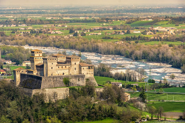 Fototapeta na wymiar Parma Italy Torrechiara castle aerial view of Castello di Torrechiara in Emilia Romagna panorama Italian Castles
