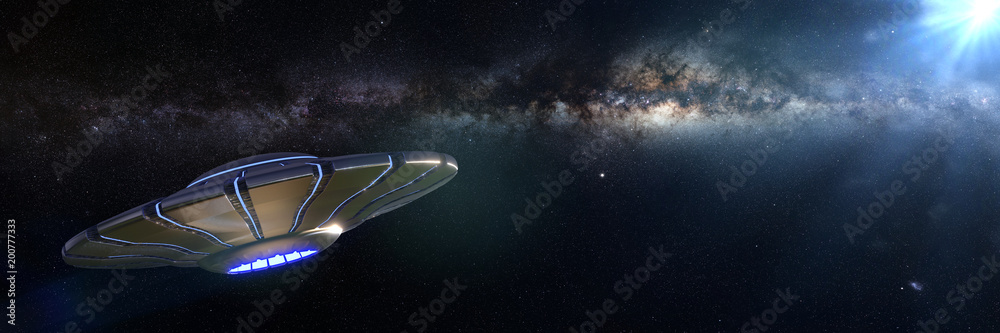 Wall mural ufo, alien spaceship in outer space, advanced extraterrestrial life in the milky way galaxy (3d scie