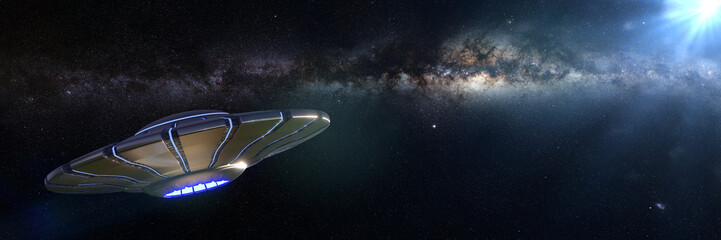 UFO, alien spaceship in outer space, advanced extraterrestrial life in the Milky Way galaxy (3d science fiction illustration banner) © dottedyeti