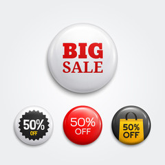 Set of glossy sale buttons or badges. Product promotions. Discount tag collection. Big sale, 50% off. Vector.