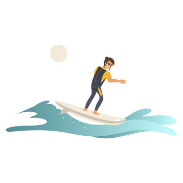 Summertime sea and ocean activity - young man in swimwear riding wave on surfboard isolated on white background. Cartoon male character surfboarding in blue water, vector illustration.