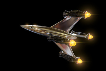 Fototapeta na wymiar spaceship, beautiful and shiny starship fliyng into outer space (3d render isolated on black background)