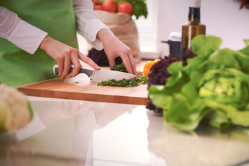 Close Up of human hands cooking vegetable salad in kitchen on the glass table with reflection. Healthy meal, and vegetarian food concept
