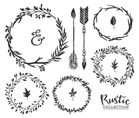 Hand drawn vintage ampersand, arrows and wreaths. Rustic decorative vector design set.