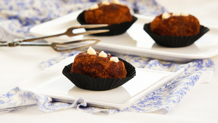  russian cake Kartoshka chocolate truffle potatoes. Rum balls of vanilla biscuit with cocao powder, butter cream and nuts