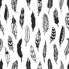 Feather rustic seamless pattern. Hand drawn vintage vector background. Decorative design illustration.