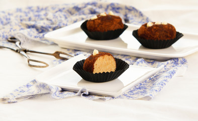  russian cake Kartoshka chocolate truffle potatoes. Rum balls of vanilla biscuit with cocao powder, butter cream and nuts