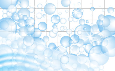 White mosaic tiles background with soap bubbles floating. Bathroom or kitchen cleaners ads. Vector