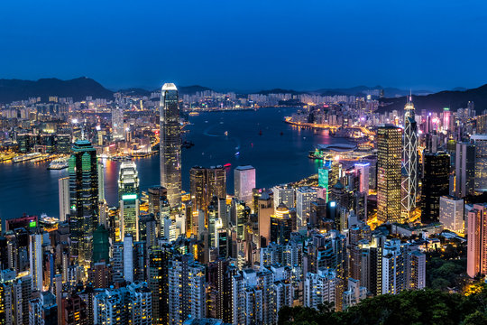 Hong Kong city view from the Peak at twilight