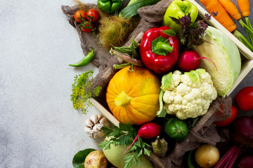 Food background. The concept of healthy eating. Fresh different vegetables on a gray stone or slate background. Copy space, top view flat lay background.