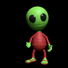 cute little alien cartoon character standing, visitor form outer space (3d illustration, isolated on black background)