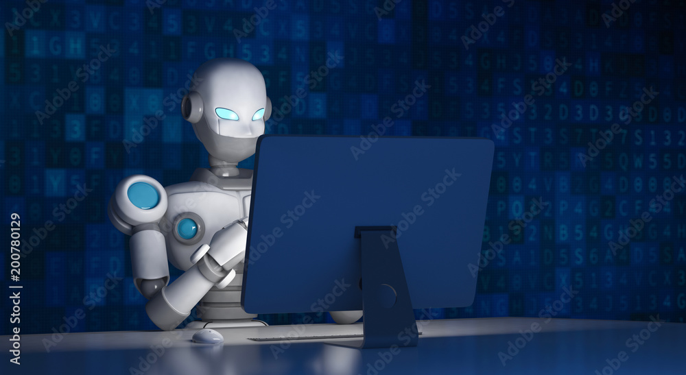 Aufkleber robot using a computer with data code, artificial intelligence in futuristic technology concept, 3d 