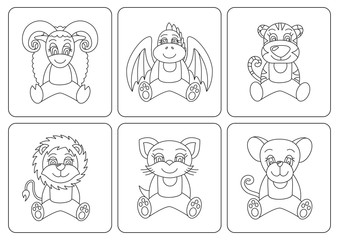 Kids coloring book. Animals: rat; dragon; tiger; cat; mouse; sheep. Vector line illustration