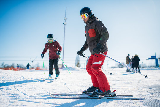 Beginners learn to ski, winter active sport