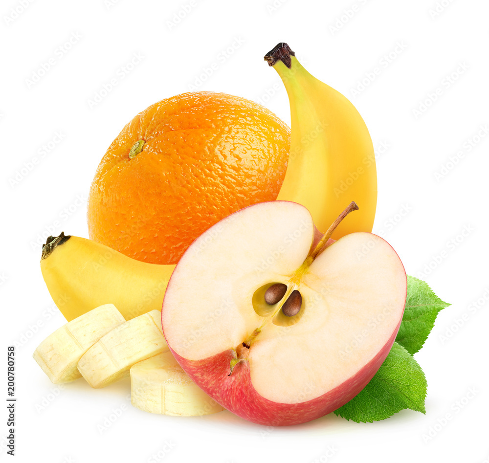 Aufkleber isolated fruits. half of red apple, cut banana and orange isolated on white background with clipping