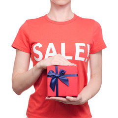 Woman with t-shirt with an inscription sale in hand box shop buy discount