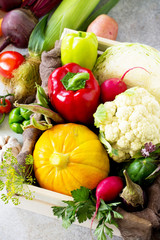 Food background. The concept of healthy eating. Fresh different vegetables on a gray stone or slate background.