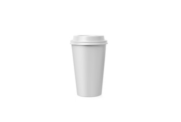 Coffe cup. White paper cup with a white cover without label isolated on white background. Take away beverage. Big cardboard cup of coffee to go isolated mockup.