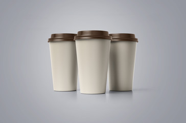 Coffe cup. White paper cup with a brown cover without label isolated on white background. Take away beverage. Big cardboard cup of coffee to go isolated mockup.