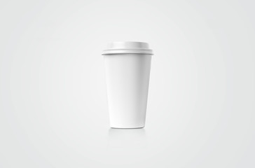Coffe cup. White paper cup with a white cover without label isolated on white background. Take away beverage. Big cardboard cup of coffee to go isolated mockup.