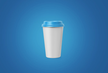 Coffe cup. White paper cup with a blue cover without label isolated on blue background. Take away beverage. Big cardboard cup of coffee to go isolated mockup.