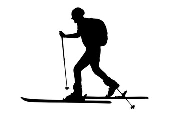 skialpinist silhouette, ski touring in mountains, touring skier on white background