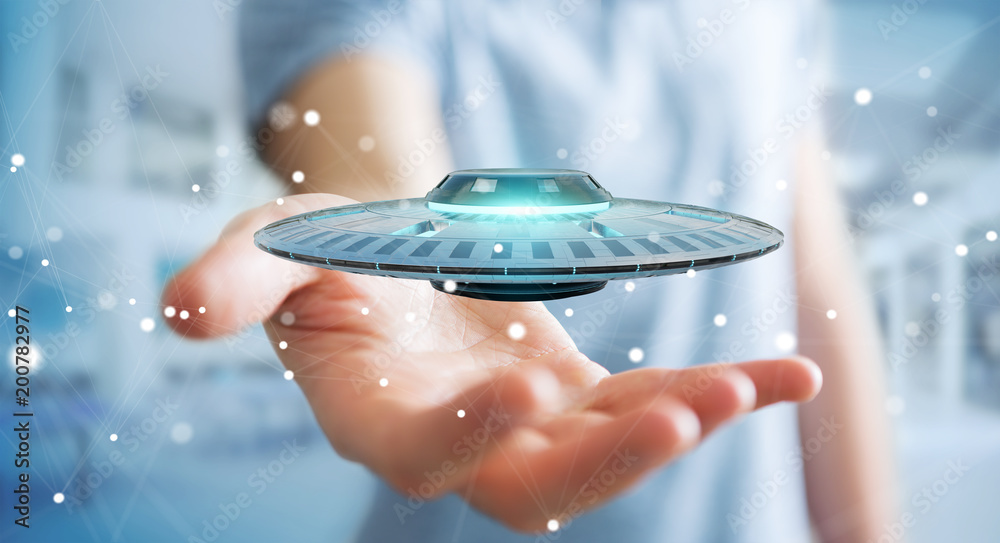 Poster Businessman with retro UFO spaceship 3D rendering