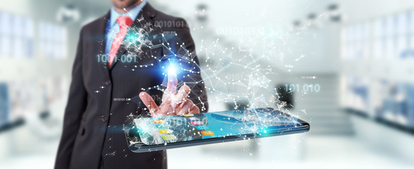 Businessman using digital binary code on mobile phone 3D rendering