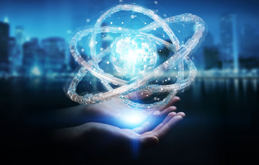 Businesswoman using futuristic torus textured object 3D rendering