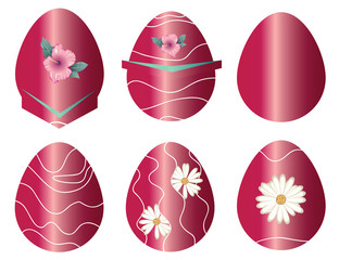 six Easter eggs vector set with dark pink colors and decorative flowers