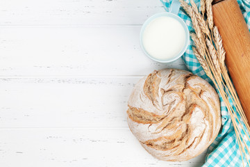 Homemade crusty bread and milk