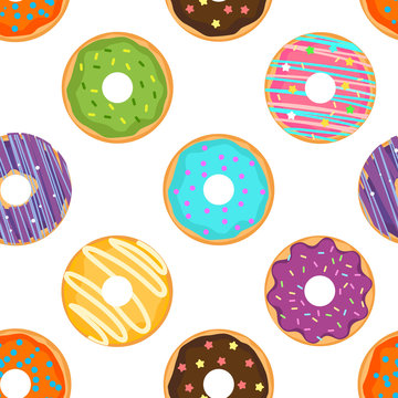 Seamless cute pattern with glazed donuts. For print and web