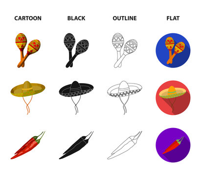 Maracas national musical instrument, sambrero traditional Mexican headdress, red pepper, bitter, idol-deity.Mexico country set collection icons in cartoon,black,outline,flat style vector symbol stock