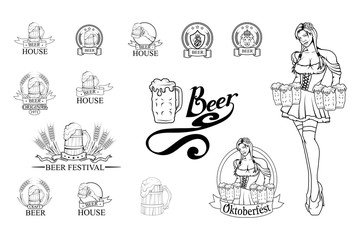 Set of different beer elements. Beer festival. Brewery emblem and beer logo. Beer glass.