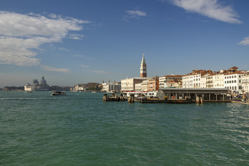 Landing stage and St Mark's Campanile (Bell Tower) in Venice, Italy, 2016