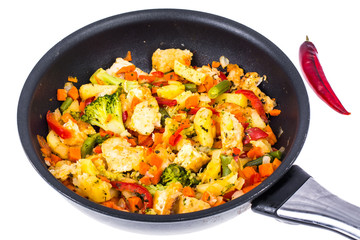 Stewed vegetables with chicken fillet pieces in breading