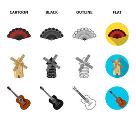 Fan Spanish, mill, guitar, skirt for national Spanish dances. Spain country set collection icons in cartoon,black,outline,flat style vector symbol stock illustration web.