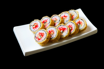 Set Hot fried Sushi Roll with shrimp, cucumber and cheese philadelphia. Sushi menu. Japanese food.