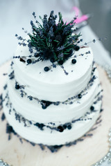 White wedding cake with blackberries,