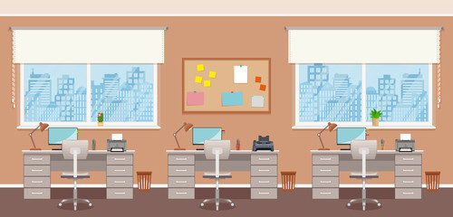 Office interior design with three workplaces without people. Working indoor room template with furniture and windows.
