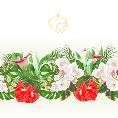 Floral border seamless background bouquet with tropical flowers  floral arrangement, with beautiful white orchids ,lili, palm,philodendron  vintage vector illustration  editable hand draw
