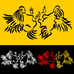Fight between two cocks - a simple vector outline illustration. Schematic drawing of roosters attack on the contrast background