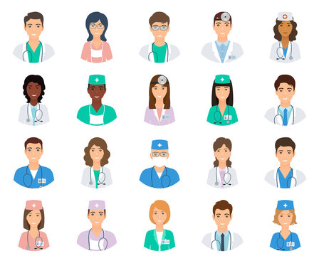 Set of doctors and nurses avatars in uniform. Collection of medicine employee. Medical men and women portfolio avatars.