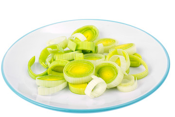 Plate with rings of chopped fresh leek