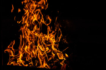 Fire flame on the black background fire in darkness
