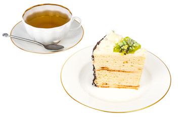 White plate with piece of homemade cottage cheese cake with fruit and custard