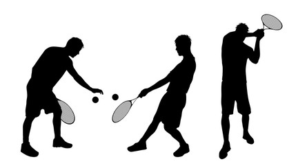 Vector silhouette of man who play tennis on white background.