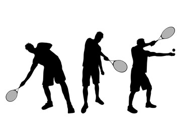 Vector silhouette of man who play tennis on white background.
